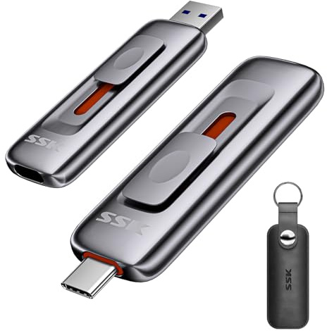 SSK 512GB Dual USB Memory Stick,Push-Pull SSD External Drive Up to 1000MB/s | Portable SSD, SMART & TRIM, Plug & Play, 4K60Hz ProRes HDR, Support OTG, for iPhone 15/16/17 Series/Android/Mac/PC,Zinc Alloy