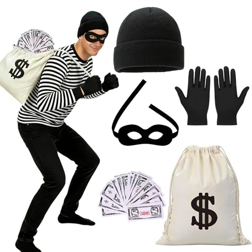 5 Stück Räuber Kostüm Zubehör Set für Erwachsene, Bankräuber Kostüm Dieb Kostüm Cosplay Zubehör mit Strickmütze Augenmaske Geldsack Banknoten Handschuhe Faschings Kostüm für Cosplay Halloween Karneval