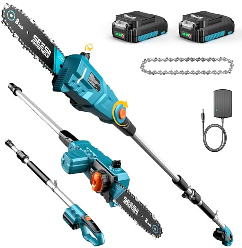 SEESII 21V 8-Inch Electric Pole Saw, Battery & Charger Included | Auto Oiler,Tool-free Tension,Adjustable Telescoping Shaft,2x2000mAh Batteries,Electric Polesaw for Trimming Overhead Branches