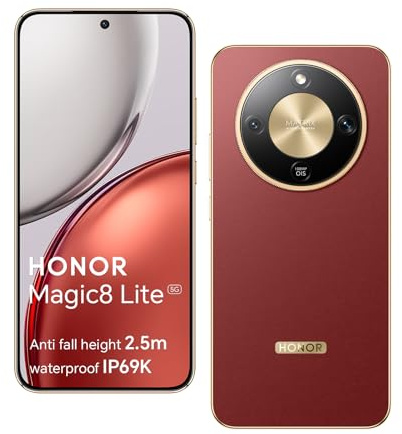 HONOR Magic8 Lite 5G Smartphone, KI-Kamera 108MP, 7330-mAh-Akku, 8GB RAM 512GB Speicher, 6,79-Zoll-Display, Snapdragon 6 Gen 4, 2,5m Fallfestigkeit, IP69K IP68, Rot