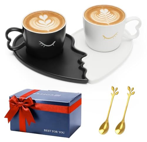 DASIAUTOEM Juego de tazas de beso, juego de tazas para pareja de café, tazas de café con cucharas y caja de regalo, tazas de té de cerámica para novios, marido, esposa, novio, novia, pareja