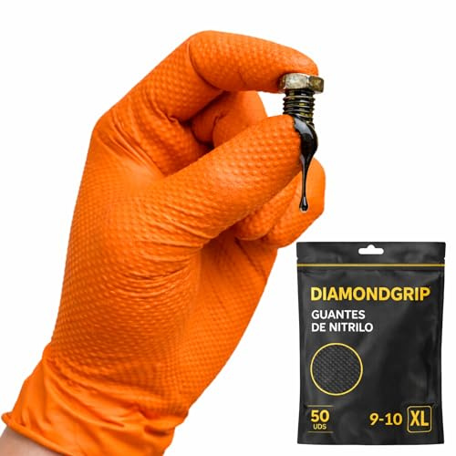AFA Prime 50XGuantes Doble Diamantado Desechables Nitrilo Naranja– Profesionales hasta 10,4 gramos Triple Resistencia | Guantes Trabajo para Taller, Industria, Limpieza| XL