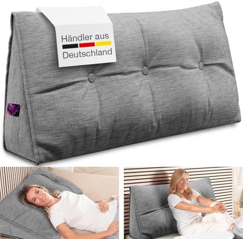 ELONEO Rückenkissen 100 cm breit, Keilkissen für Bett und Sofa geeignet, dreieckiges Lesekissen, Kissen mit abnehmbarem und waschbarem Bezug, mit praktischem Seitenfach