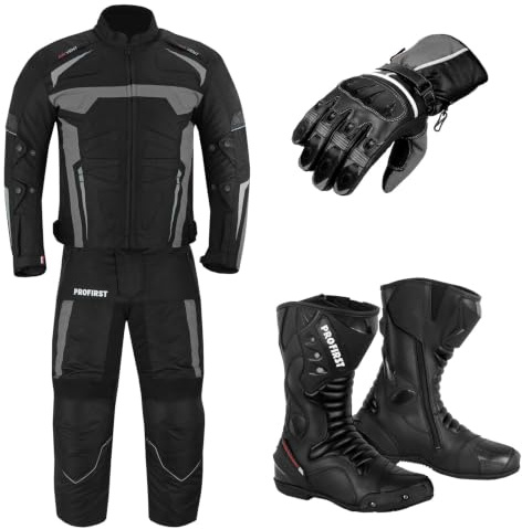 Motorcycle Clothing Suit - Motorbike Suit With Racing Gloves - Motorbike Boots Leather Shoes - 2 Piece Suit Armored Waterproof Suits Jacket Trouser CE Armor For All Weather Mens (Grey, M)