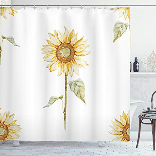 ABAKUHAUS Sonnenblume Duschvorhang, minimalistische Kunstwerk, Stoffliches Gewebe Badezimmerdekorationsset mit Haken, 175 x 220 cm, Gelb Grün