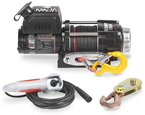Warrior Ninja 3500lb 12v Electric Winch - Wired Hand Control, High Power Motor - Heavy Duty Contacts, Steel Planetary Gearing, Steel Drum, Watertight Socket, Chip Resistant Paint - Synthetic Rope