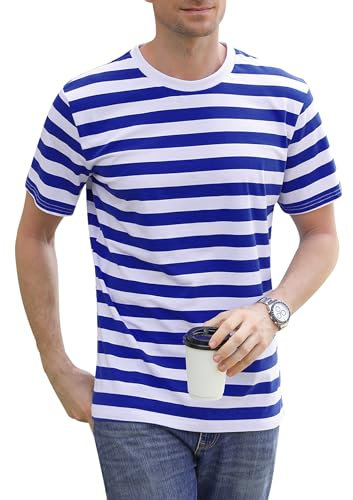 Sykooria Round Neck Pinstripe Striped T-Shirt for Men Navy Blue & White Strip Casual Short Sleeve Tops for Men