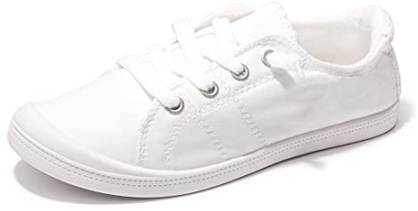 Women's Slip On Canvas Sneaker Low Top Casual Walking Shoes Classic Comfort Flat Fashion Sneakers (White 08)