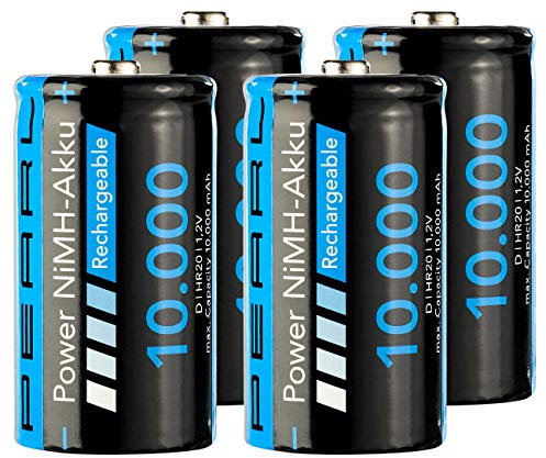 PEARL Monozelle Akku: 4er-Set NiMH-Akkus Typ D/Monozelle, 10.000 mAh (Batterie Typ D, Mono Batterien, wiederaufladbare)
