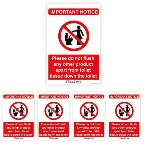 Pack of 5 Do Not Flush Toilet Signs Self adhesive Waterproof Vinyl Toilet Tissue Disposal Sign 75mmx100mm V1161