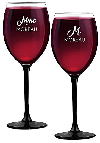 Maverton Ensemble de 2 Verres à vin Personnalisés - 330ml Verre a vin rouge et blanc - Cadeau Personnalisé pour Parents - Cadeau Couple - Classic Verre à pied noir - Mme & M