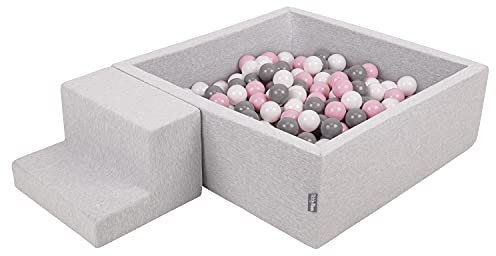 KiddyMoon Aire De Jeux en Mousse avec Carré Piscine À Balles (200 Balles) pour Enfants, Gris Clair: Blanc/Gris/Rose Poudré