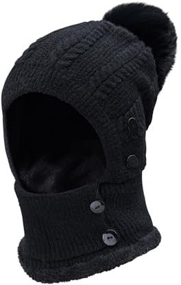 TAGVO Hiver Chaud Tricoté Bonnet Et Ensembles De Cache-Cou, Flexible Avec Boule De Poils,Doublé En Molleton Épais Doux,Masque Facial Réglable Pour Femmes Pour Les Sports De Plein Air