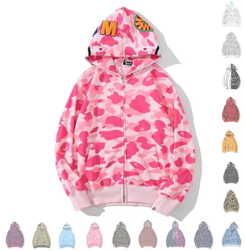 MRRTIME Bape Shark Hoodie, Bape Kapuzenpullover, Men's Jacket, Men's 3D Camouflage Shark Head Hooded Jacket, Hoodie with zipping, Street Fashion, Hoodie with zipping,pink,XXL