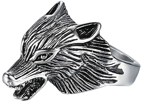 Homxi Ring Herren Punk,Ring Wolfskopf 25 mm Ringe Edelstahl Herren mit Gravur Silber Herrenring Größe 57 (18.1)