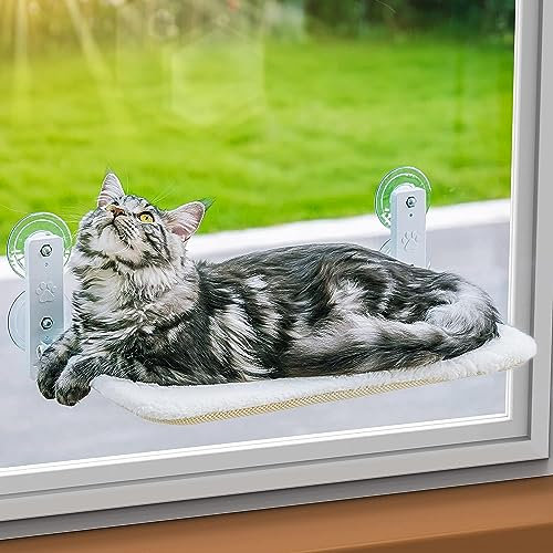 MEWOOFUN Hamac Chat Fenetre Pliable Lit pour Chat avec des Ventouses Stables Tapis réversible Jusqu'à 18kg (White, M)