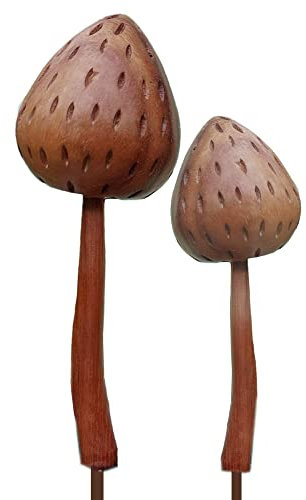 ART-CRAFT 2 Magic Mushroom Gartenstecker Deko Pilze aus Holz von Hand geschnitzt 15 cm und 22 cm hoch