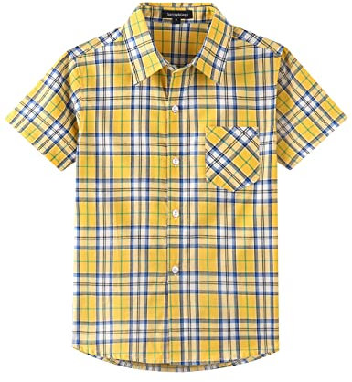 Spring&Gege Chemise à carreaux à manches courtes pour garçon, chemise de loisirs pour enfants, jaune/bleu, 9-10 ans