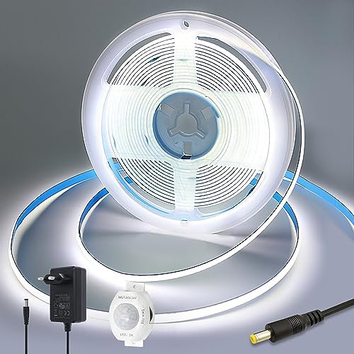 Yamlten 12V COB LED Streifen 6000k Kaltes Weiß,LED Strip mit Bewegungsmelder,Netzadapter,320 LEDs/M für Gesellschaftsraum,Schrank,Schlafzimmer DIY LED Band 2m.