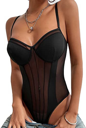 Body da Donna Sexy Spaghetti Cinturino Mesh Bodysuit Patchwork a Rete Trasparente Jumpsuits Senza Maniche Elasticizzato Aderente Going Out Leotard Top