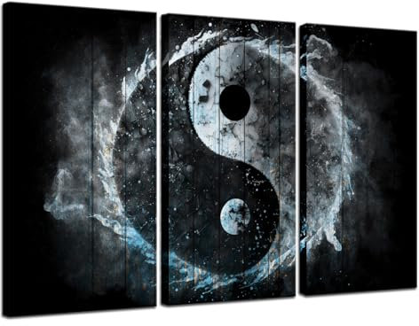 Biuteawal 3-teiliges Wandbild Yin Yang Symbol auf Holz Hintergrund Bild Traditionelle chinesische Kultur Kunstdrucke Schwarz Weiß Blau Malerei Retro Kunstwerk Home Office Wohnzimmer Schlafzimmer Dekor