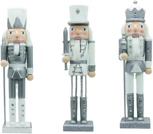 SHATCHI 25cm Silver/White Glitter Wooden Christmas Nutcrackers - 3pcs Set - Soldiers King Puppet Figurines Home Decoration Ornament