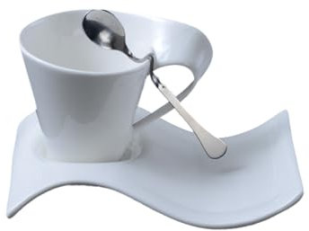Soulnioi 3PCS Cappuccino Set (Cup+Spoon+Saucer), Wave Shaped White Saucers for Latte Coffee Cappuccino, Arty Kitchen Home Breakfast Cutlery (300ML)