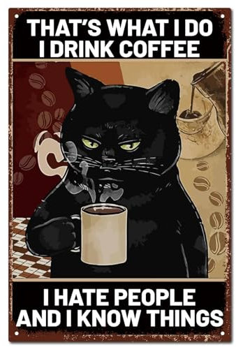 CREATCABIN Kaffeekatze Metallblechschild Vintage Metallschild Poster Retro Malerei Plakette Eisenschild Wanddekoration Kunstwand Hängeschild Für Drinnen Draußen Café Küche Wand Haus Bar 30x20cm