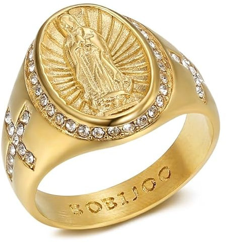 BOBIJOO JEWELRY - Bague Vierge Marie Saint Sara Chevalière Homme Femme Croix Acier inoxydable Or - 23,2 (14 US)