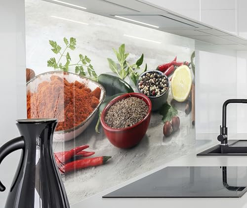 timalo Spritzschutz Wand für Küche, Herd Küchenrückwand Glasoptik | Acryl Glas 2mm | Glasrückwand Acrylglas Wandpaneele Rückwandschutz Platte | 80x60cm Gewürze Zitrone Peperoni