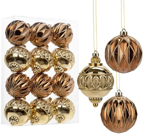 Hollyone 12PCS Gold-edged Christmas Baubles, 8CM/3.1’’ Bronze Xmas Balls for Tree Decorations, Glitter Christmas Balls Holiday Hanging Ornaments, Tree Balls for Wedding, Party, Table