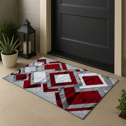 Rugs Inn Dazzling Diamond Door Mat – Non-Slip Washable Doormat, Heavy Duty Welcome Dirt Trapper, Water Absorbent Floor Mat for Indoor/Outdoor Use, Front Entrance, and Kitchen (Red, 50cm x 80cm)