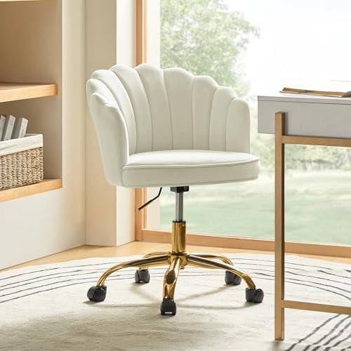 HULALA HOME Vanity Chair for Bedroom, Comfy Desk with Gold Wheels, Height Adjustable Velvet Dressing Table Chair, Shell Swivel for Home Office, IVORY