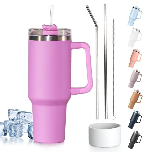 Tuocal 40oz Tumbler with Handle and Straw + 2 Stainless Steel Straws + Silicone Boot, 1180 ml Double Wall Vacuum Insulated Cup, Car Coffee Mug, Travel Water Bottle for Hot Iced Coffee, Purple