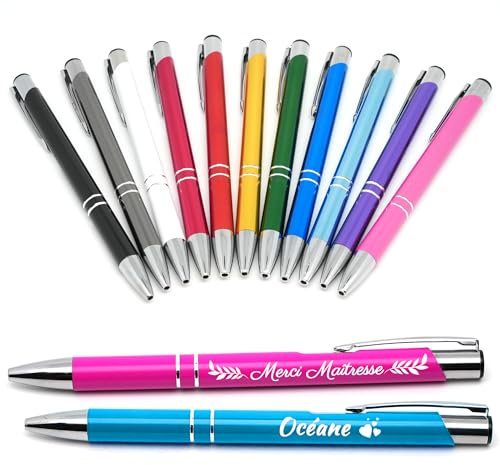 StarMaker Stylo personnalisé en métal gravé - Texte, icônes et décorations personnalisables, stylo à bille avec étui cadeau prénom, collègue, idée cadreau maitresse fin d'année scolaire