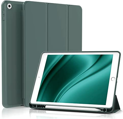 GKABXY Custodia per iPad di 9ª generazione 2021/8ª Gen 2020/7ª Gen 2019 10.2 pollici con portapenne, retro morbido TPU ultra sottile leggera Smart Cover auto Sleep/Sveglia con per iPad 10.2, verde