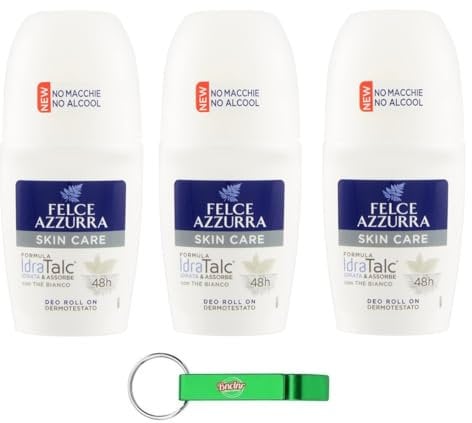 3 X Felce Azzurra – Deodorante Roll On Skin Care con tè bianco, formula IdraTalk, efficacia 48 ore, nessuna macchia – 50 ml + portachiavi Beni Culinari