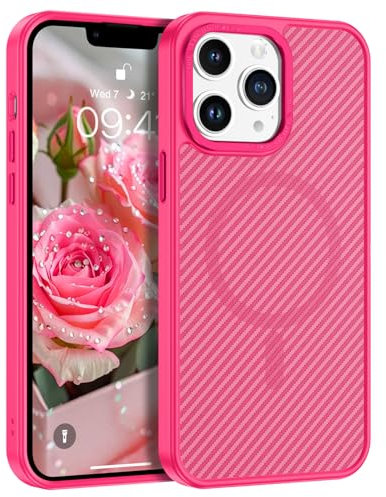 DUEDUE for iPhone 13 Pro Max Case Magnetic [Compatible with MagSafe] Shockproof Military Grade Drop Protection, Anti-Scratch Carbon Fiber Back Case Cover for iPhone 13 Pro Max 6.7, Hot Pink