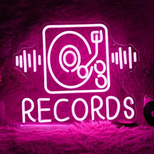 Records Neon Sign For Wall Decor Jukebox Music Light Up Sign Powered by USB Dimmable Pink Led Music Records Neon Light for Video Shop Karaoke Bar Party Bedroom Gifts(15.7*12.2)