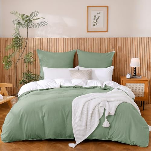 ATsense Ropa de cama de 155 x 220 cm, 2 piezas, color verde, 100 % algodón lavado con textura de lino, Öko-Tex, para alérgicos, 1 funda nórdica con 1 funda de almohada de 80 x 80 cm
