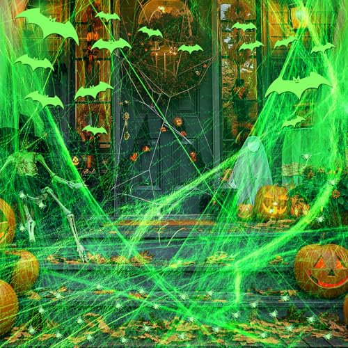 Halloween Deko Spinnennetz Leuchtend 100g mit 30 Stück Spinnen und 15 Stück 3D Fledermaus Wandsticker, Leuchtende Spinnennetz Halloween Spinne Deko