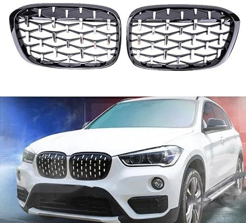 POMPOMPUR Auto-Renngitter Mit Diamant-Niere Vorne Renngrill Schwarz Glänzend Grillzubehör Für X1 F48 F49 2016–2019(Full Silver)