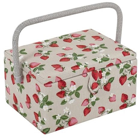 Hobby Gift Exclusive Mittelgroße Nähbox, Bastel-Aufbewahrungsbox, Zubehörablage, Nadelkissen, PVC-Griff 18,5 x 25,5 x 14,5 cm, Erdbeeren