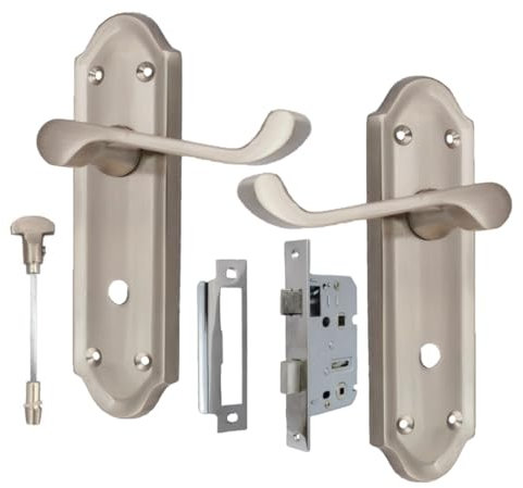 Askworth Door Handles - Satin Nickel Internal Door Handles - Door Handles Sets with Sash Bathroom,Satin Nickel Door Handle Set for Internal Doors,Door Handle in Satin Nickel 170mm x 48mm
