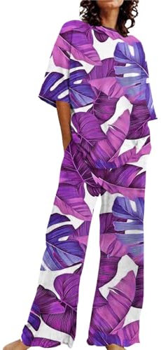 Schlafanzug Damen -Outfits für Damen, 2-teiliges Set aus Baumwollleinen, übergroße T-Shirts und gerade geschnittene Hose, Trainingsanzug in Übergröße Schlafanzüge Frauen Pyjamahose Damen (Purple, L)