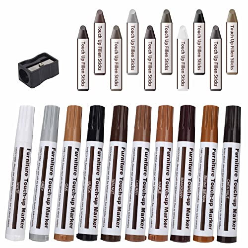 Möbelreparaturstift Set, 21 Stück Furnier Reparatursetür Für Holzreparatur,10 Möbelstift & 10 Holzwachs,Holz Reparatur Stift Möbel Reparaturset für Flecken, Kratzer, Holzböden, Tische, Schreibtische
