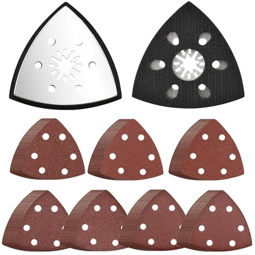 BIGP 2 Stück Schleifplatte Dreieck, Multitool Schleifplatter 93mm mit 70 Dreieckschleifer Schleifpapier, Gemischt je 10 Blatt 60 80 120 180 240 320 400 für Schleifdreiecke