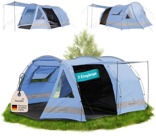 Skandika Kambo Tunnelzelt für 6 Personen | XL Familienzelt für Camping, 2 m Stehhöhe, Dunkle Schlafkabine, wasserdicht, 3000 mm Wassersäule, Sonnendach | großes Campingzelt, Festival Zelt für 6 Mann