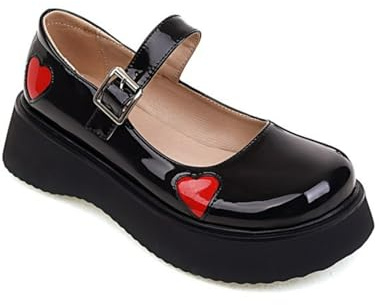 Cuore da Donna in Vernice - Accent Mary Janes Cinturino alla Caviglia Scarpe da Vestito da Festa Punta Tonda Décolleté con Plateau Kawaii