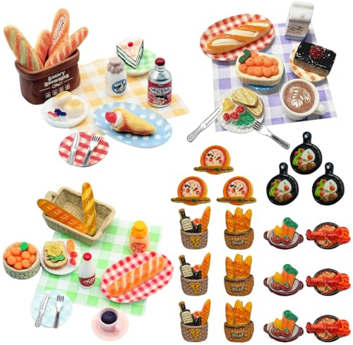 Dolls House Accessories Food Drink - 61 PCS Mini Cake Coffee Fruit with Plate Spoon,Toy Food Dollhouse Scene Decoration,Miniature Dessert Mini Food for Role-Playing Toys